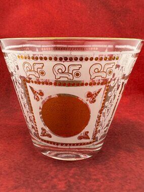 VINTAGE MID-CENTURY GLASS ICE BUCKET AZTEC SUN CALENDAR DESIGN GOLD WHITE 6 "